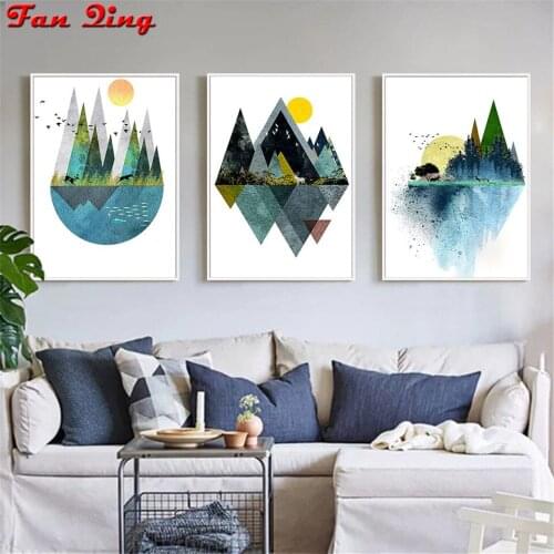 3 pcs diamond embroidery Abstract Geometric Mountain Landscape Wall Art diamond painting mosaic diamond picture Golden Sun decor