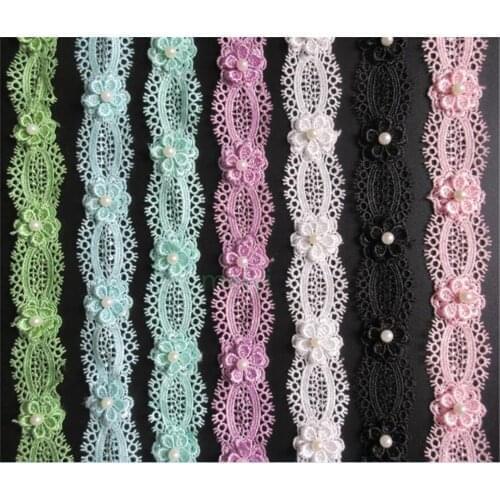 3 yards Soluble Polyester Pearl Flower Embroidered Fabric Lace Trim Ribbon Handmade DIY Sewing Craft For Costume Hat Decoration