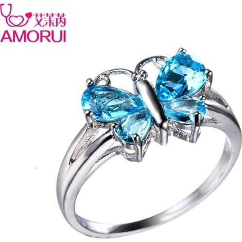 AMORUI Silver Plated Light Blue Zircon Cute Butterfly Ring For Women Girl Crystal Jewelry Wedding Party Bijoux Femme Rings