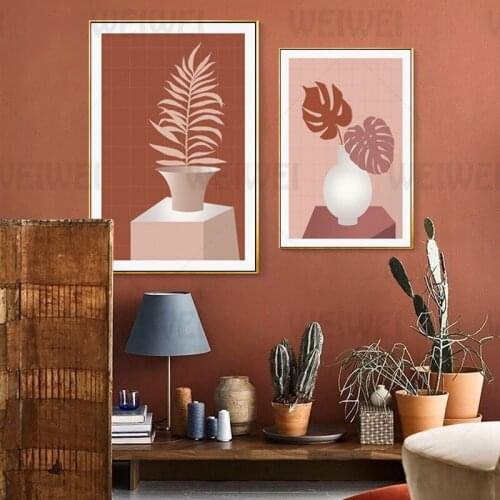 Plant Leaf White Vase Home Decoration Painting Potted Living Room Canvas Painting Terracotta Color Wall Art Poster Study Room
