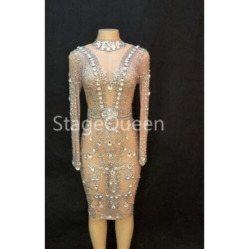 Sparkly Big Crystals Mesh Perspective Dress Evening Party Dresses Birthday Celebrate Costume Singer Performance Dress
