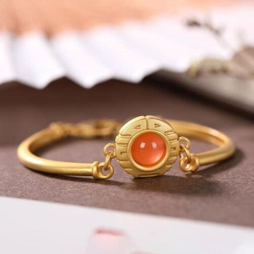 Original new inlaid natural red agate ring bracelet Chinese style retro court women elegant charm jewelry set
