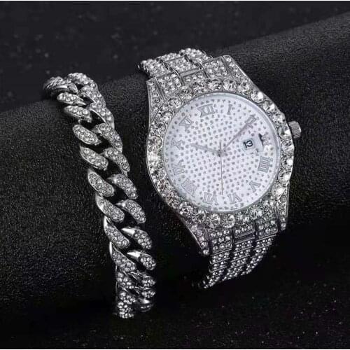 Iced Out Watch for Men Women Iced Out Chain Bracelet + Watch Ladies Jewelry Set Fashion Luxury Gold Mens Watch Set Reloj Hombre