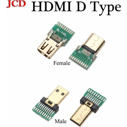 JCD New Gold Plated 19P MICRO HDMI D Type Male Plug /Micro HDMI D TYPE female socket connector With PCB board male / Female