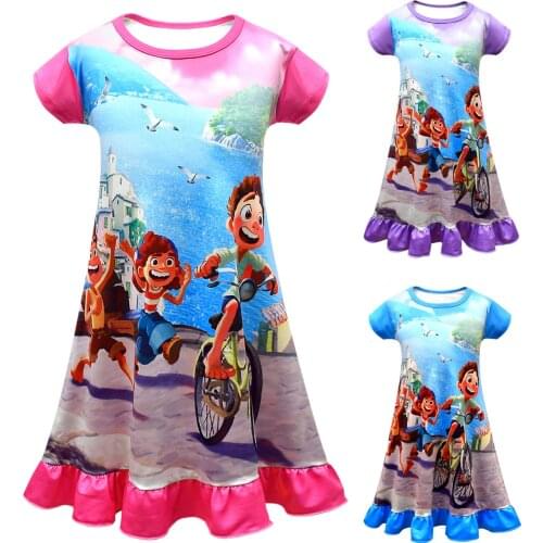Luca Baby Girl Clothes Summer Dress Round Neck Short Sleeve Tie Dye Cartoon Print Milk Silk Ruched Ruffed Childrens Dresses