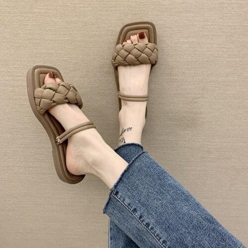 2021 Fashion Flat Slippers Women Weave Slides Sandal Ladies Mules Outdoor Beach Lady Shoes Woman Home Slippers Female Flip Flops