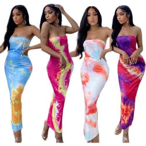 Sexy Tie Dye Long Party Dress off Shoulder Strapless Boho Sundress Summer off Shoulder Vacation Maxi Dresses Women Clothes 2021