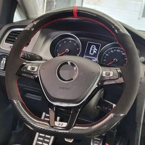 Hand-Stitched Black Carbon Fiber Genuine Leather Suede Car Steering Wheel Cover For Volkswagen Golf 7 Mk7 Passat B8