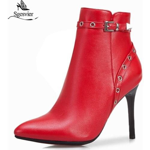 Sgesvier women boots pointed toe high thin heels motorcycle boots autumn zipper solid ankle boots fashion Large size 34-50 G663