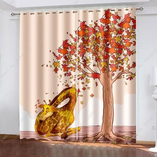 Cartoon Cute Giraffe Sika Deer Curtain Girl Kids Bedroom Full Blackout Window Drapes Hollow Star Curtain Home Decor