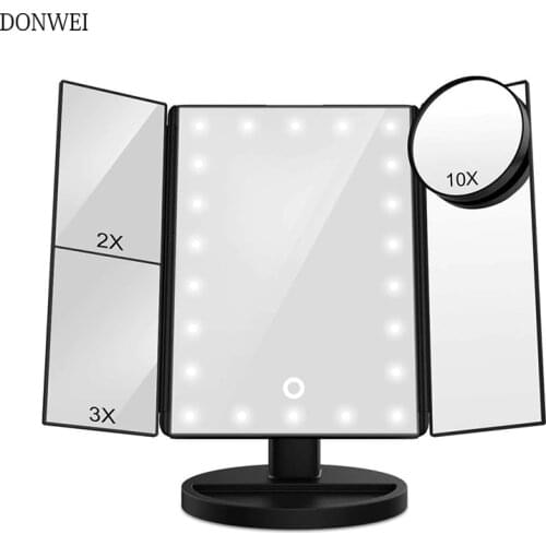 22 LED Touch Screen Light Makeup Mirror Table Desktop Makeup 1X/2X/3X/10X Magnifying Mirrors Vanity 3 Folding Adjustable Mirror