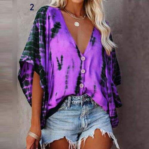 New Fashion Women Blouse Shirt Bohemian Tie-dye Print Sexy V Neck Loose Blouse 2021 Summer Casual Plus Size Harajuku Shirt