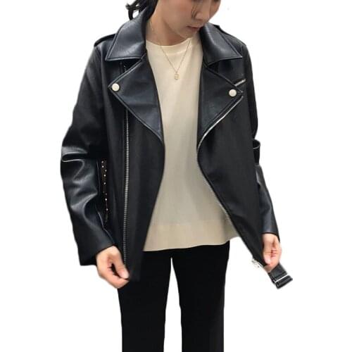 Leather Jacket Women New Spring and Autumn Korean Loose Slim Long Sleeve PU Leather Jacket Motorcycle Jacket Cool Coat NS2104