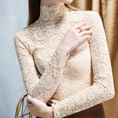 Womens Spring Autumn Style Lace Shirt Womens Embroidery Long Sleeve Solid Color Turtleneck Elegant Slim Tops SP8687