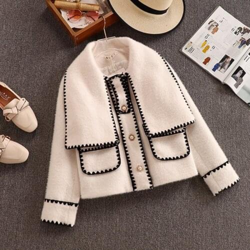 Women Bow Mink Jackets Coat Slim Patchwork Pocket Short Outerwear Ladies Woolen Blends Winter Warm Thick Clothes