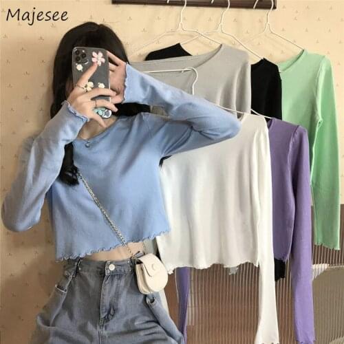 Women Long Sleeve T-shirts Slim Candy Colors O-neck Design Korean Style Crop Tops Breathable Basic Solid All-match Girl Trendy