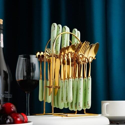 24Pcs Ceramic Handle Fork Spoon Knife Set Stainless Steel Gold Tableware Set Dinnerware Set Luxury Cutlery Set With Storage Rack