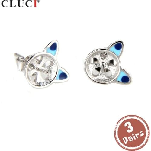 CLUCI 3 pair wholesale 925 Sterling Silver Blue Cat Ears Stud Earrings Pearl Mounting For Women Earrings Jewelry Making SE045SB