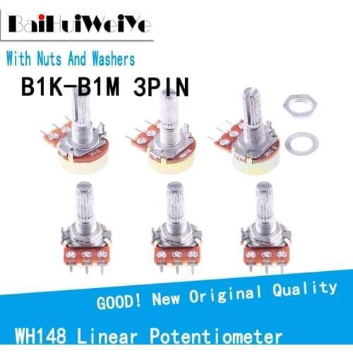 5PCS/LOTE 15MM WH148 Linear Potentiometer Shaft With Nuts And Washers 3Pin WH148 B1K B2K B5K B10K B20K B50K B100K B250K B500K B1