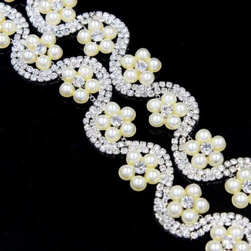 5Yards Elegant Bridal Rhinestone Chain Trim Pearls Flowers Rhinestones Applique Crystal Sash