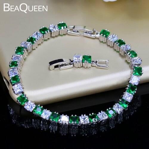 BeaQueen Classic 4mm Square Green Cubic Zircon Crystal Paved CZ Stones Friendship Tennis Bracelets Fashion Women Jewelry B021
