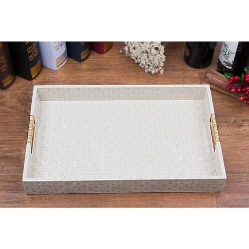 40x25cm white rectangle wooden structrue leather luxury white tray leather serving tray leather tray for food storage PFT003