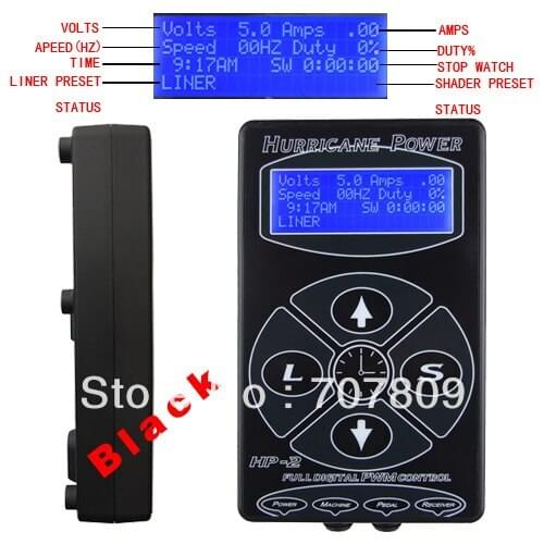 One PRO BLK Hurricane Digital DUAL Tattoo Power Supply L/S foot pedal talon clip cord - Free shipping