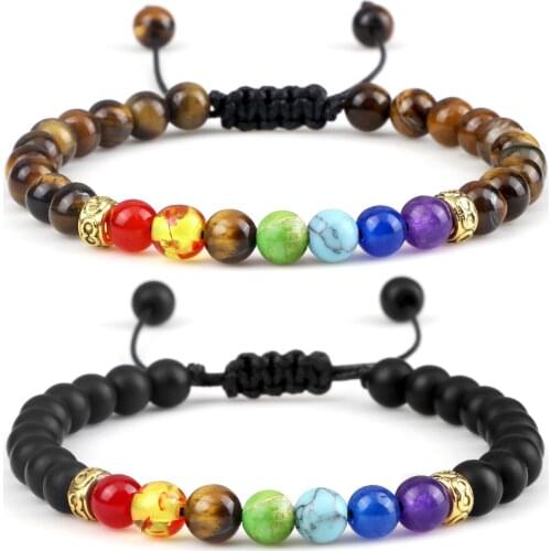 Adjustable Reiki 7 Chakra Healing Charm Beaded Bracelets Natural Tiger Eye Stone Healing Yoga Bangles for Women Men Wrist Jewery