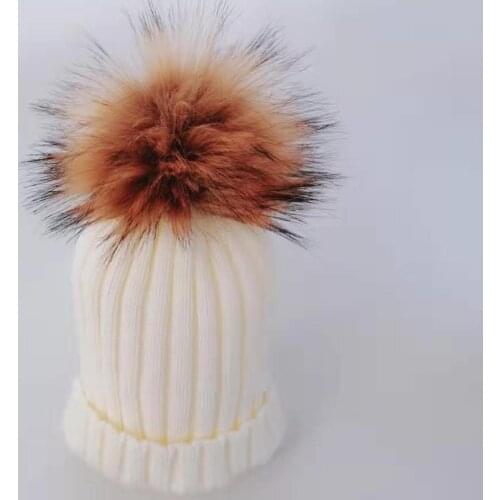 Baby winter hat kids hat infant toddler cream hat with faux fur pompom for girls and boys