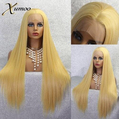 XUMOO Long Straight Synthetic Lace Front Wig High Temperature Fiber Yellow Lace Wig Cosplay Ombre Blue Wigs For Black Women