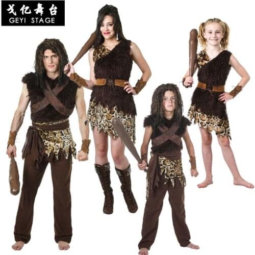 Halloween Kids Luipaard Savage Caveman Croods Flintstones Primitieve Sexy Vrouwen Indiase Kleding Carnaval Kostuums Voor Mannen
