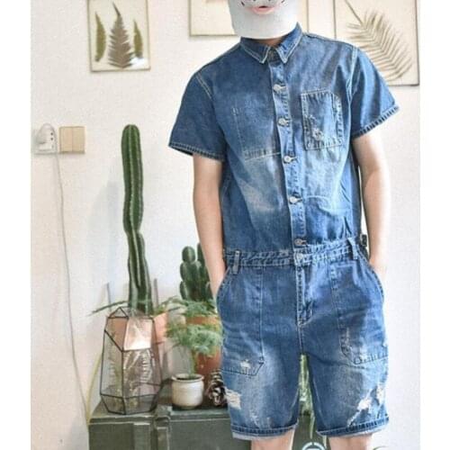 Summer Short Sleeved One Piece Men Jeans Jumpsuits Single Breasted Denim Overalls Boys Knee Length Shorts Ripped Washed Trousers