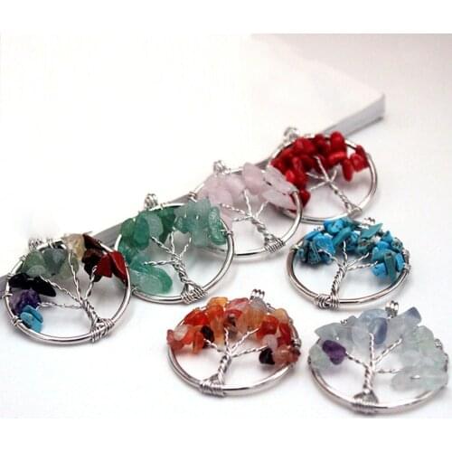 Chip Stone Life Tree Design Pendant Mixed Irregular Stone Necklace with Energy and Healing Function DIY Made