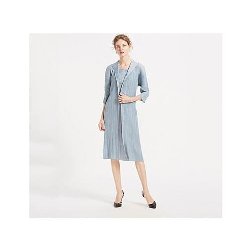 HOT SELLING Miyake High-end fashion puff three quarter solid turn-downcollar Button Fake two pieces dress IN STOCK