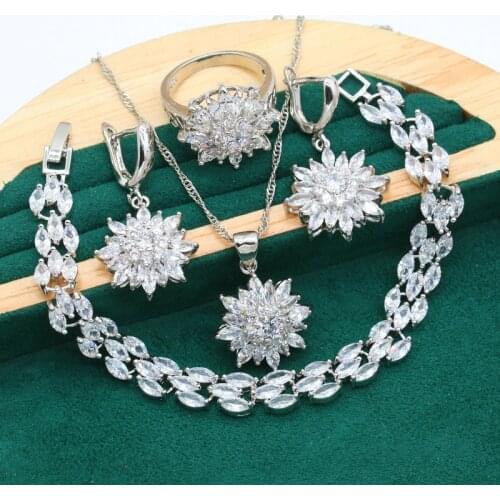 Bride Silver Color Jewelry Set for Women Wedding Classic White Zircon Bracelet Earrings Necklace Pendant Ring Christmas Gift