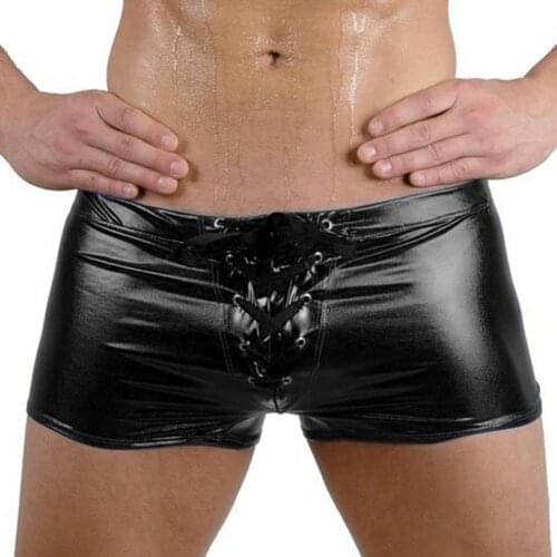 Underwear men Fashion sexy underwear Club Men\s Lace Up Patent Leather Boxers Underwear Underpants Shorts Boxers трусы мужские