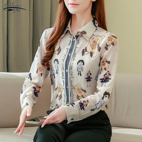 New Silk Fashion Ladies Shirts Blusas Mujer De Moda 2021 Long Sleeve Women Tops and Blouses Print Cartoon Blouse Women 8424 50