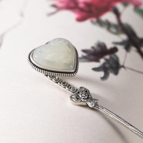 925 Sterling Silver Chinese Jade Hair Stick Heart Vintage Hanfu Hair Accessory Sticks Pin Women Luxury Jewelry Cosplay Hairpin