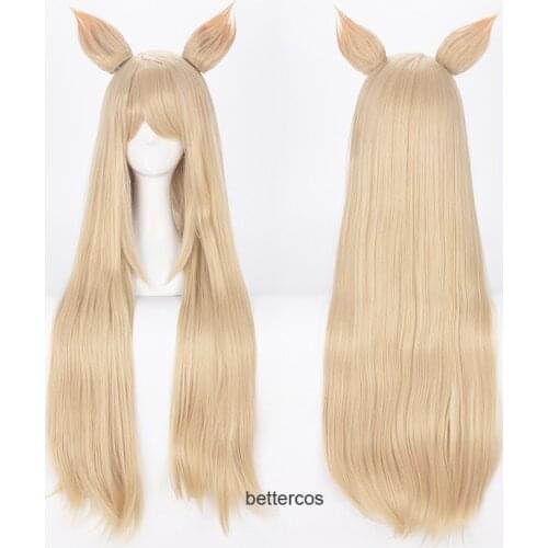 LOL K/DA Ahri Cosplay Wigs KDA Ahri 80cm Long Blonde With Ears Heat Resistant Synthetic Hair Wig + Wig Cap