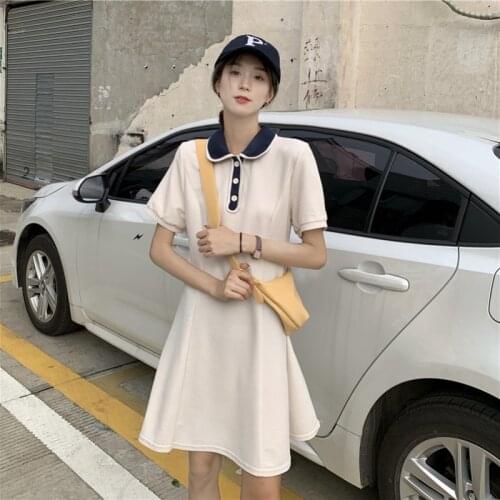 Dress Polo Collar Short Sleeve Dress Female Summer New Style Korean Version of The High Waist Thin A-line Skirt