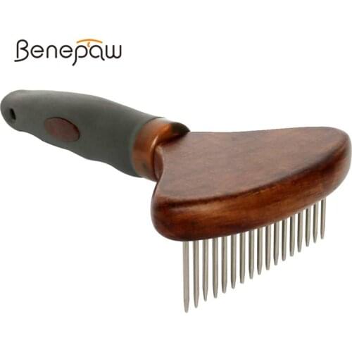 Benepaw Professional Dog Grooming Brush Rake Safe Wood Pet Dematting Comb Stainless Steel Rounded Teeth Pin Prevents Knots Mats