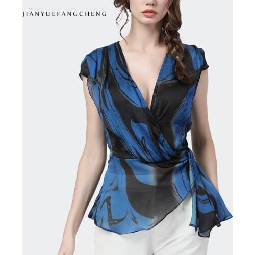 Sexy deep V-Neck thin chiffon shirt female waist bandage feminine blue printed blouses short-sleeved temperament summer new tops