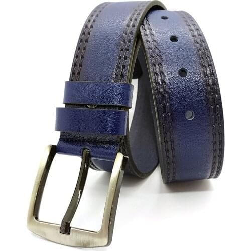 Genuine Soft Leather Handmade Blue Man Belt High Quality Calfskin For Pants Metal Buckle For Casual Gift For Valentines Day