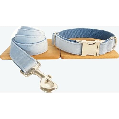 Customized Dog Collar Engraved Puppy ID Tag Leash Collar Set Adjustable Outdoor Solid Canvas Pet Collar Leash THE POWDERBLUE