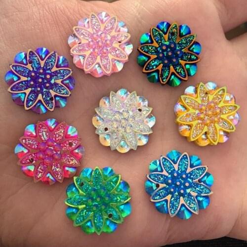 50pcs AB Resin Bling 18mm Flower Flatback Rhinestone 2 Hole Wedding Appliques DIY Scrapbook Ornaments Craft SD60*5