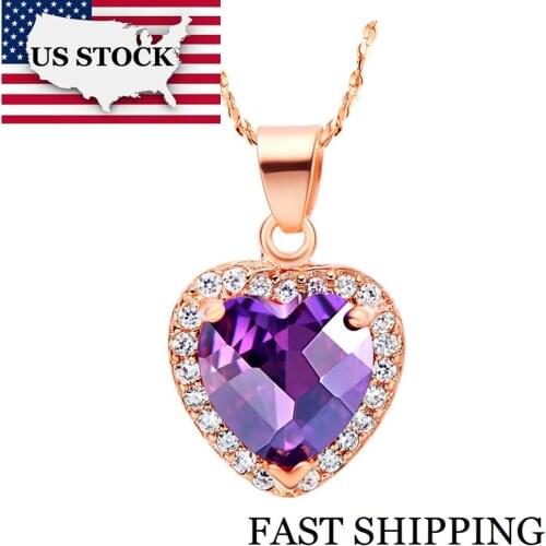USA STOCK Uloveido Heart Jewelry Silver Necklaces Purple Crystal Pendant Rose Gold Color Love Colar Gifts for Women Aneis N561