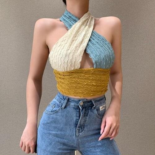 Ladies blouse Hollow Slim Lace Cross Front Cut Halter Neck Sleeveless Halter Wrap Short Top Bandage Vest Summer Sexy Top