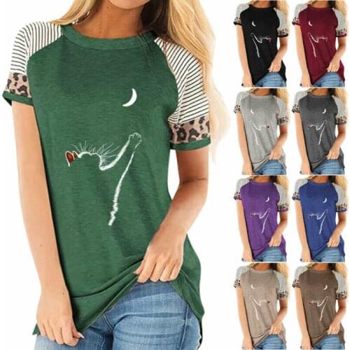 Women Casual Short Sleeve T Shirt Ladies Stripe Summer Cat Printed Top Tee