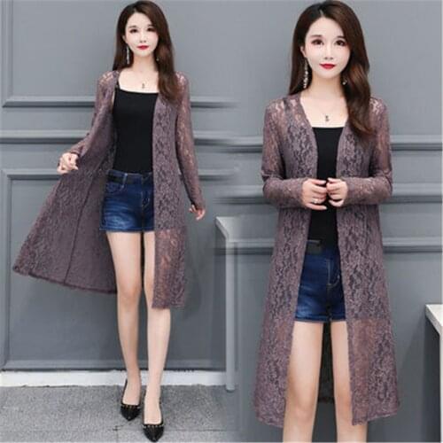 2021 Lace Shawl Tops Women Coat Summer Thin Sun Protection Clothing Plus Size Loose Female Jacket Mid-Length Cardigan Ladies