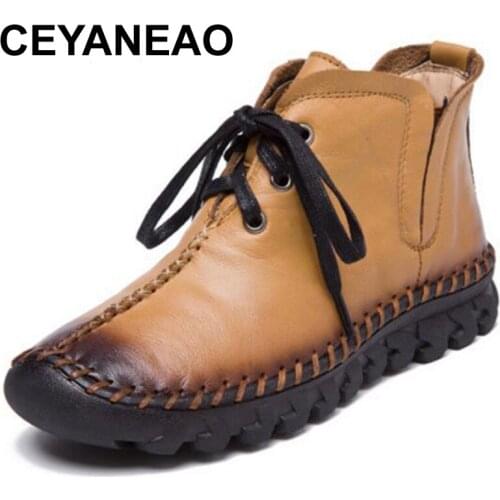CEYANEAO2018 Womens Winter Boots Women Real Fur Winter Shoes Woman Handmade Genuine Leather Warm Ankle Snow Boots MujerE964